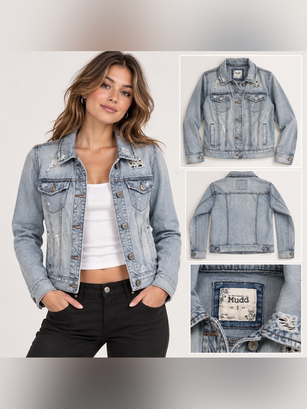 Mudd Light Wash Blue Distressed Denim Jacket Small Cropped